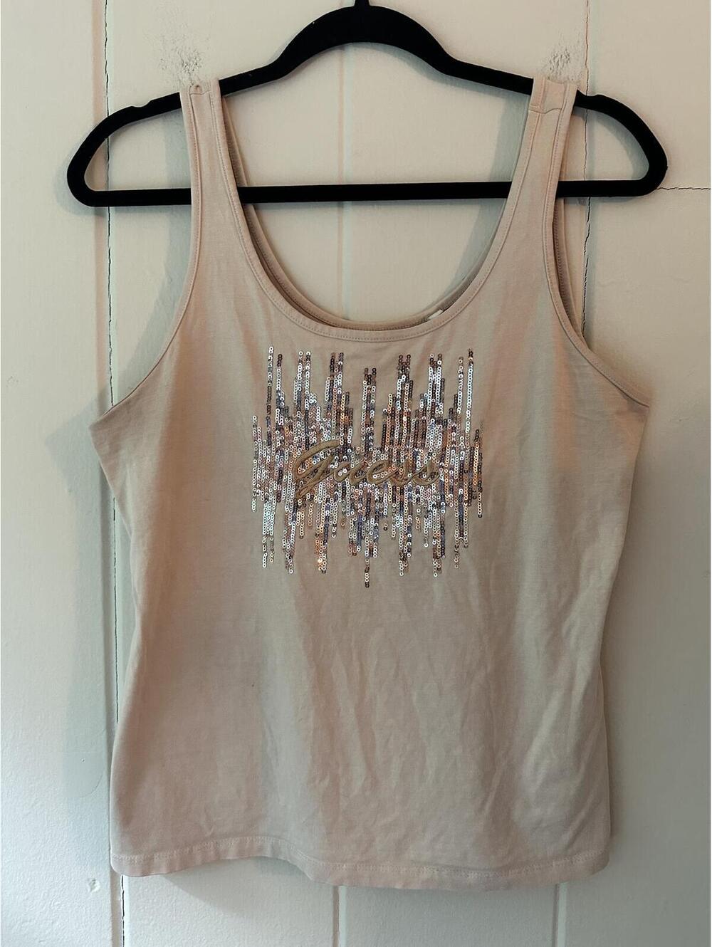 Guess Y2K Logo Crop Tank Top Tan Metallic Sequined Silver and Gold Size Large
